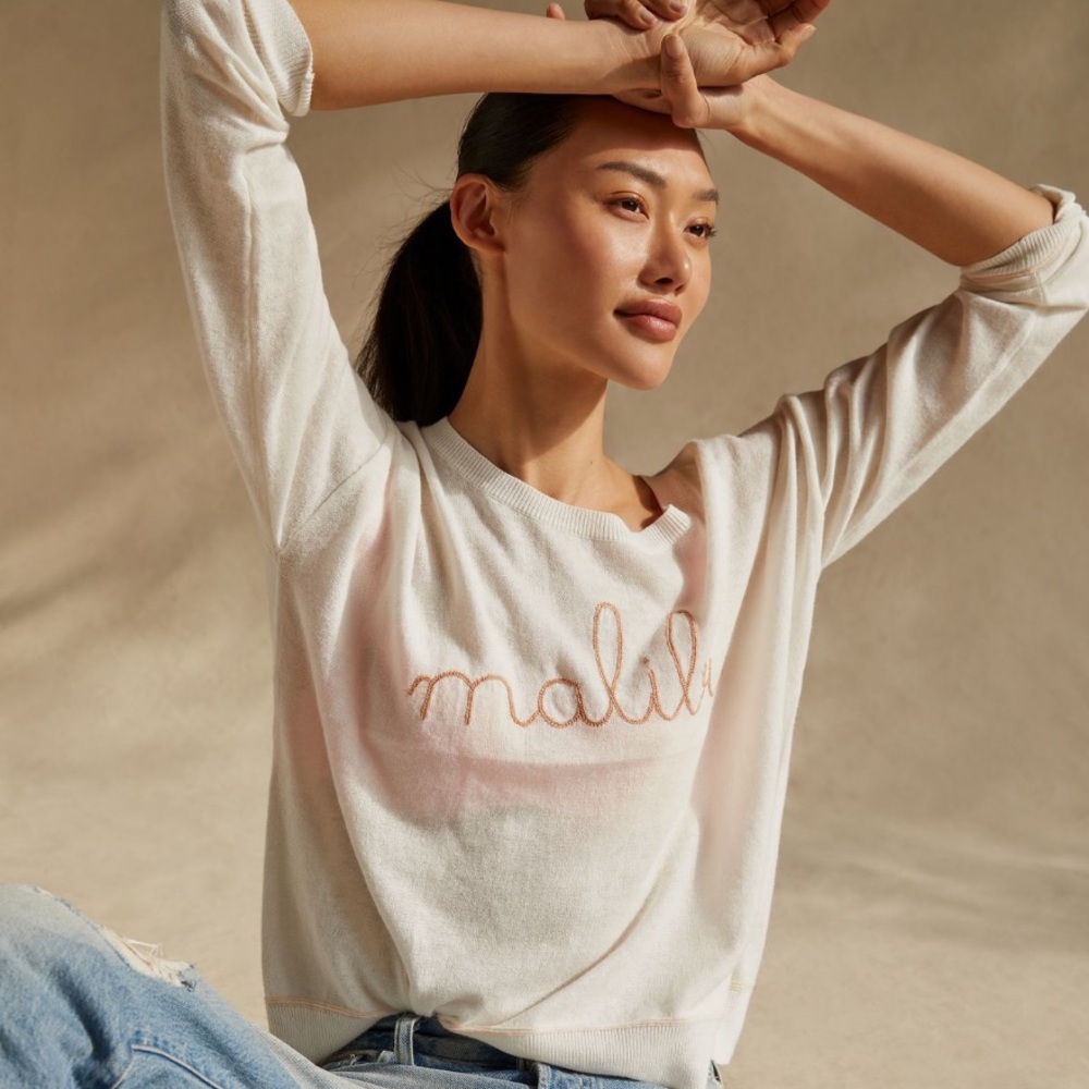Anthropologie Cream 'Malibu' Scoop Neck Sweater with Pink Script